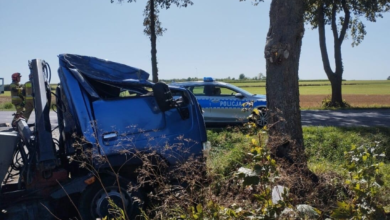 Ciężarówka wjechała do rowu i uderzyła w drzewo. Kierowca trafił do szpitala